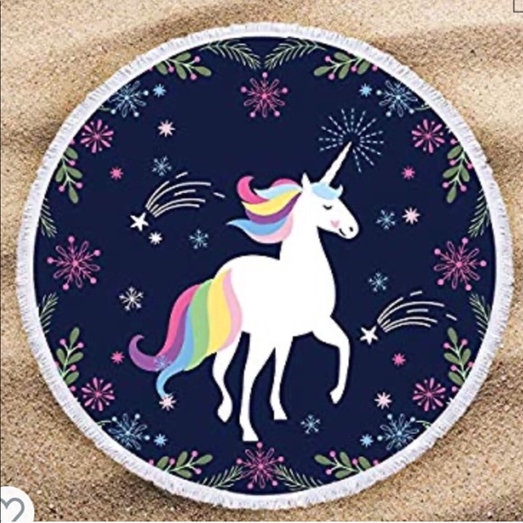 Navy Blue Cartoon  Unicorn Flowers Stars RoundBeach Towel NWOT - Picture 2 of 7